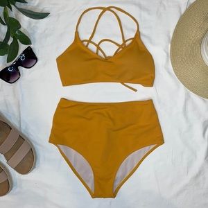 Rib High Waisted 2 Piece Bikini, Mustard Yellow